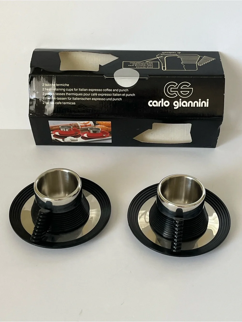Star Trek Carlo Giannini NWT Vintage Black and Metal Espresso Cup and Saucer Set